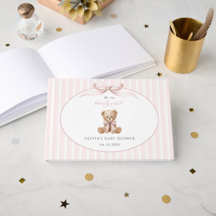 Teddybär, rosa Schleife, rosa Streifen, Babyparty Gästebuch
