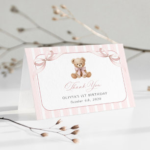 Teddybär, rosa Schleife, rosa Streifen, erster Geb Dankeskarte