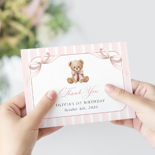 Teddybär, rosa Schleife, rosa Streifen, erster Geb Dankeskarte