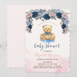 Teddybär rosa Streifen Babyparty Einladung