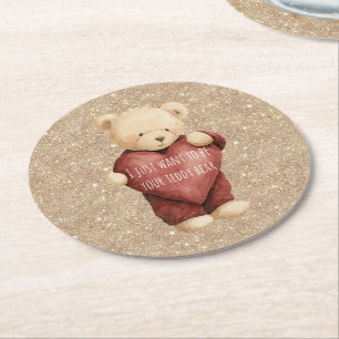 Teddybär rotes Herz Gold Glitter Runder Pappuntersetzer