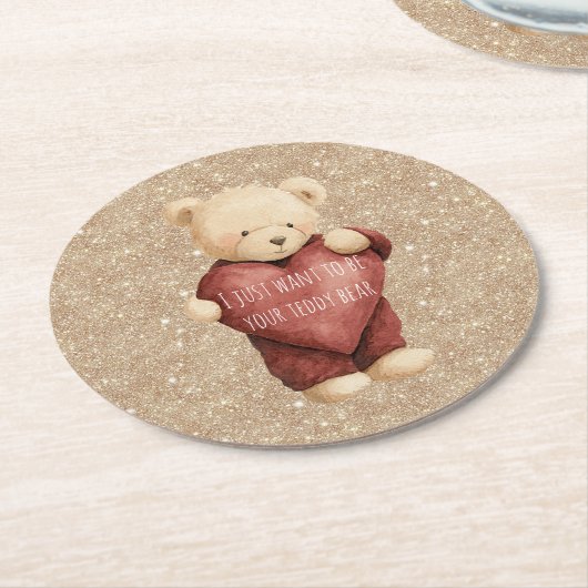 Teddybär rotes Herz Gold Glitter Runder Pappuntersetzer (Angewinkelt)
