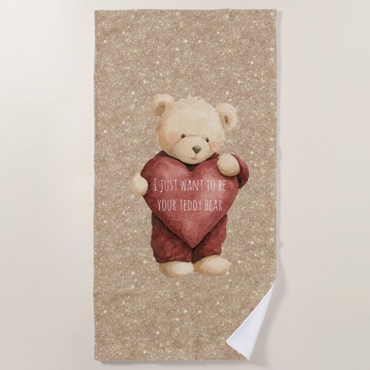 Teddybär rotes Herz Gold Glitter Strandtuch (Vorderseite)
