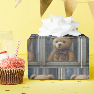 Teddybär schaut aus einem regnerischen Fenster Geschenkpapier