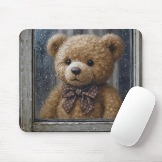 Teddybär schaut aus regnerischem Fenster Mousepad (Mit Mouse)