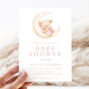 Teddybär schläft auf dem Mond Rosa Baby Shower  Einladung