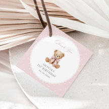 Teddybär, Schleife, rosa Punkte, erster Geburtstag