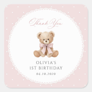 Teddybär, Schleife, rosa Punkte, erster Geburtstag Quadratischer Aufkleber