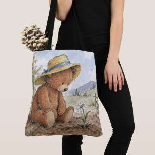 Teddybär starrt auf eine wachsende Margerite Tasche
