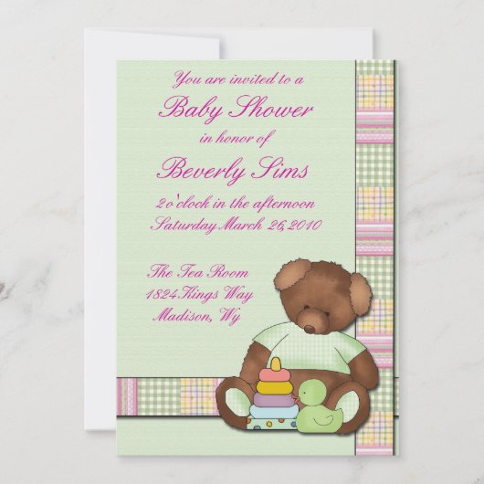 Teddybär-Steppdecken-Babyparty Einladung (Vorderseite)