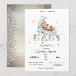 Teddybär Sterne Glitter Gold Babyparty Einladung
