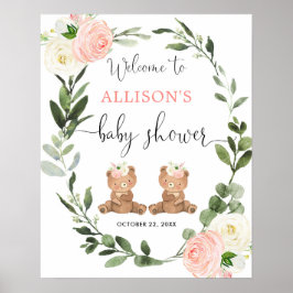 Teddybär Twin Girls Babydusche Begrüßungszeichen Poster