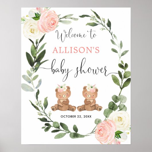 Teddybär Twin Girls Babydusche Begrüßungszeichen Poster (Vorne)