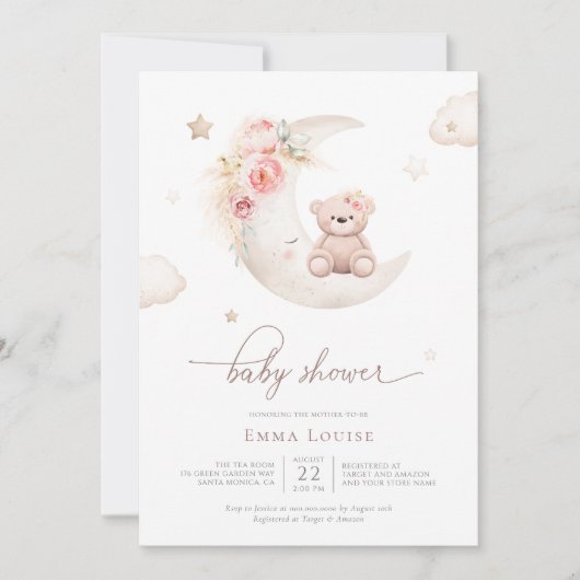 Teddybär über der neutralen Mond-Babydusche Einladung (Vorderseite)