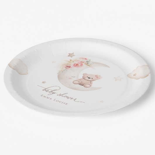 Teddybär über der neutralen Mond-Babydusche Pappteller (Schrägansicht)