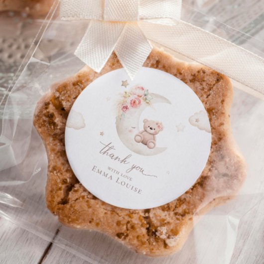 Teddybär über der neutralen Mond-Babydusche Runder Aufkleber