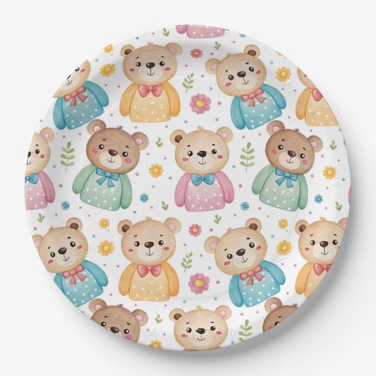 Teddybär und Blumen Pappteller (Vorderseite)