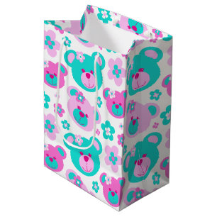 Teddybär und -Blumen zacken weiße Geschenktasche Mittlere Geschenktüte