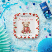 Teddybär und Erdbeere erster Geburtstag Pappteller (Party)