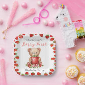 Teddybär und Erdbeere erster Geburtstag Pappteller (Party)