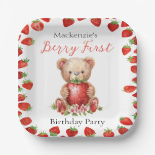 Teddybär und Erdbeere erster Geburtstag Pappteller