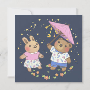 Teddybär und Hase unter den Sternen Illustration Karte
