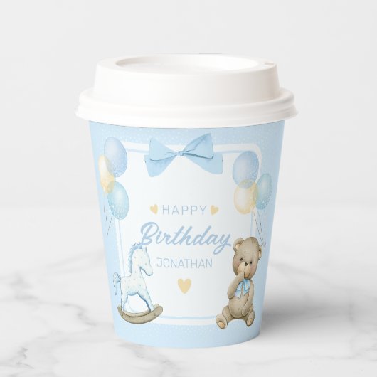 Teddybär und Rockpferd Pappbecher (Vorderseite)