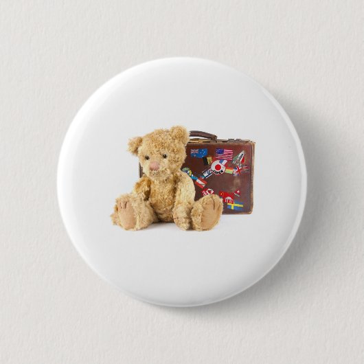 Teddybär und Vintager alter Koffer mit Weltwti Button (Vorderseite)