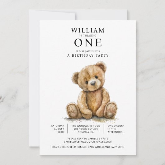 Teddybär Wasserfarbe 1. Geburtstag Party Einladung (Vorderseite)