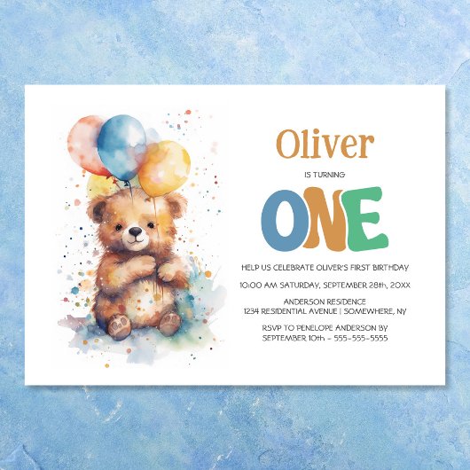 Teddybär Wasserfarbe 1. Geburtstag Party Einladung