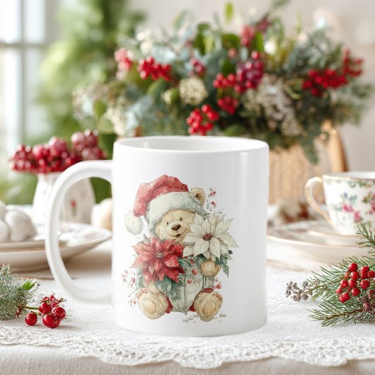 Teddybär Weihnachtsmann mit Weihnachtsblumen Kaffeetasse