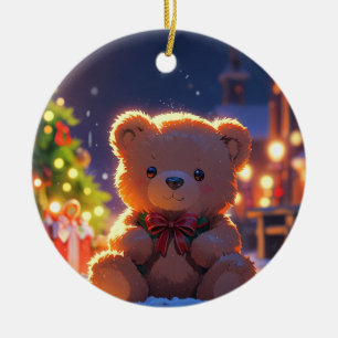 Teddybär-Weihnachtszauber im schneebedeckten Dorf Keramik Ornament