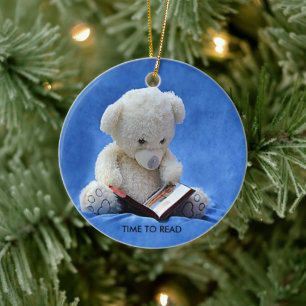 Teddybär Zeit zum Lesen Blaues Kuscheltier, ZKOA Keramik Ornament