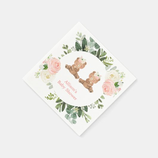 Teddybär Zwillingsmädchen pinkfarbene Blütendusche Serviette (Ecke)