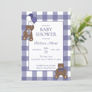 Teddybären Baby Mädchen Lila und Weiße Babyparty Einladung