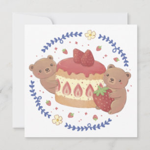 Teddybären & Erdbeerkuchen Illustration Einladung