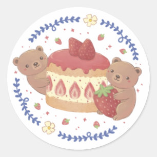 Teddybären & Erdbeerkuchen Illustration Runder Aufkleber