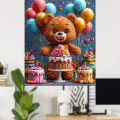 Teddybären Geburtstagsfeier mit Kuchen Poster (Heimbüro)