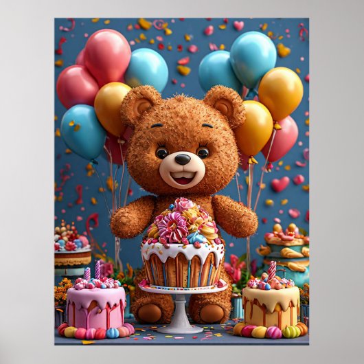 Teddybären Geburtstagsfeier mit Kuchen Poster (Vorne)