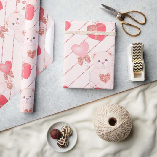 Teddybären Glitzer Rosa Herzchen Geschenkpapier (Kunsthandwerk)