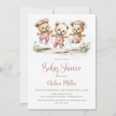 Teddybären in Mädchenkleidung mit rosa gepunktetem Einladung (Vorderseite)