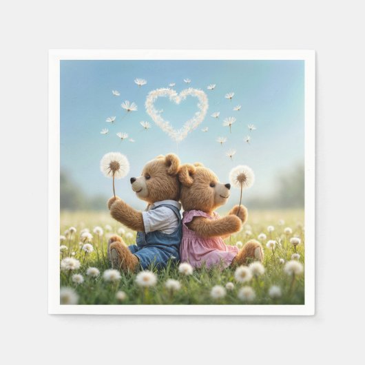 Teddybären mit Löwenzahnherz Serviette (Vorderseite)