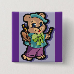 Teddybärkünstler mit Barett und Pinsel Button