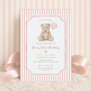 Teddypartys zum ersten Geburtstag mit rosa Streife Einladung