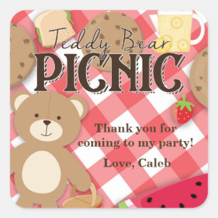 Teddypicknick-Sommer-Geburtstagsfeier Favor Quadratischer Aufkleber