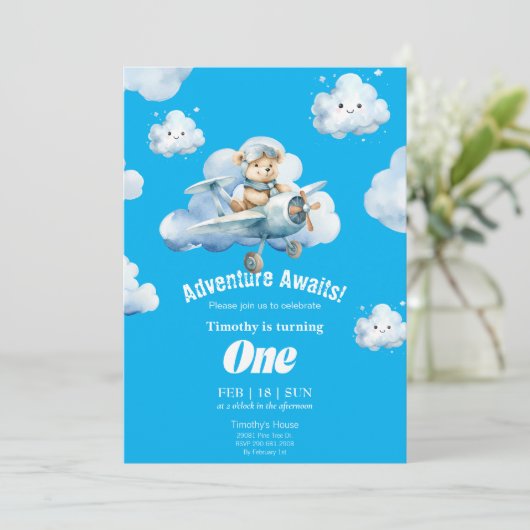 Teddy's erste Geburtstag Sky Safari Einladung (Stehend Vorderseite)