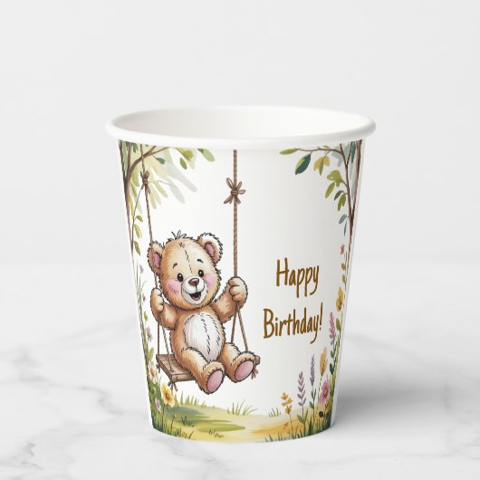 Teddys erstes GeburtstagsschwingenParty Pappbecher (Rückseite)