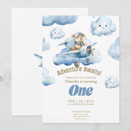 Teddy's Sky-High First Birthday Adventure Einladung (Vorne/Hinten)