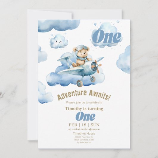 Teddy's Sky-High First Birthday Adventure Einladung (Vorderseite)