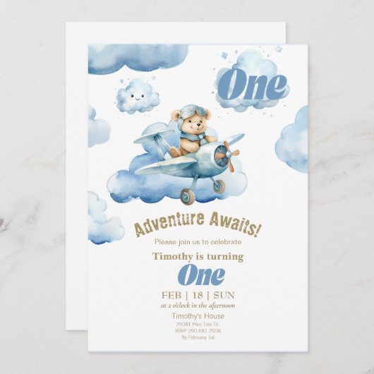 Teddy's Sky-High First Birthday Adventure Einladung (Vorne/Hinten)